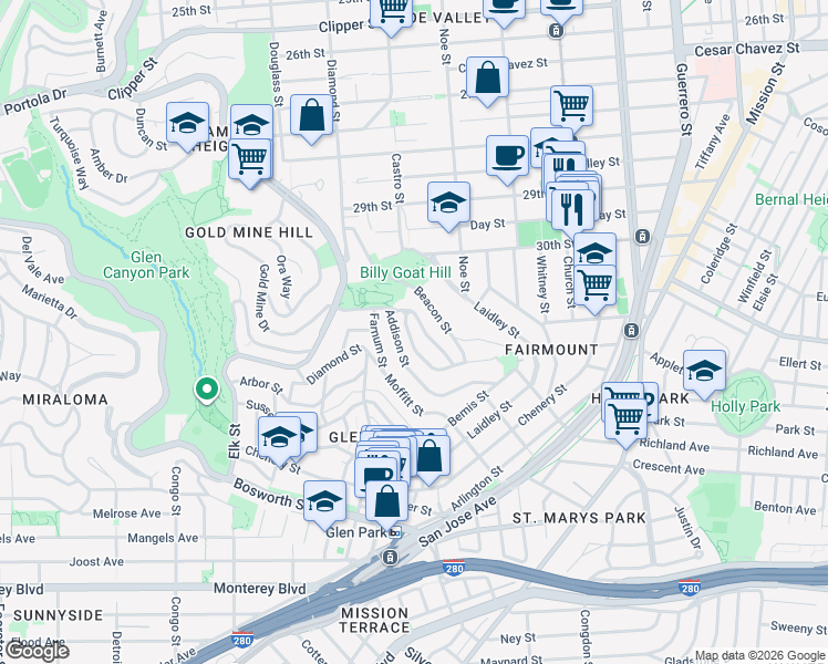 map of restaurants, bars, coffee shops, grocery stores, and more near 62 Everson Street in San Francisco
