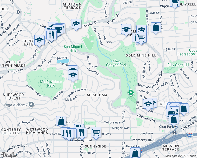 map of restaurants, bars, coffee shops, grocery stores, and more near 2 Arroyo Way in San Francisco