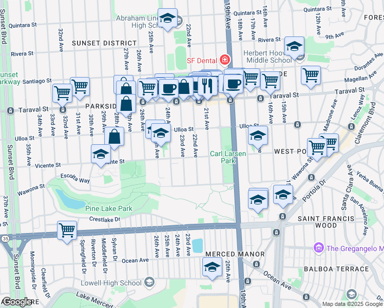 map of restaurants, bars, coffee shops, grocery stores, and more near 2556 23rd Avenue in San Francisco