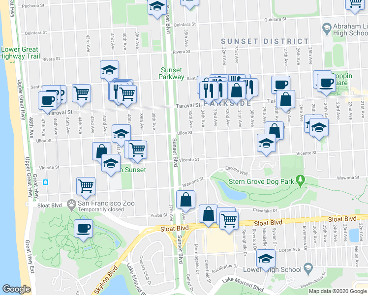 map of restaurants, bars, coffee shops, grocery stores, and more near 2519 35th Avenue in San Francisco