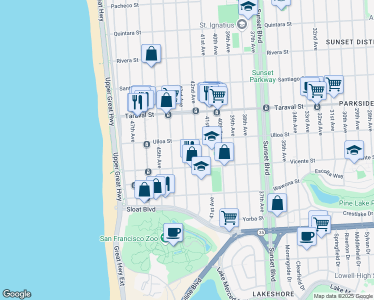 map of restaurants, bars, coffee shops, grocery stores, and more near 2501 42nd Avenue in San Francisco