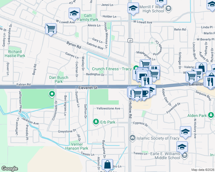 map of restaurants, bars, coffee shops, grocery stores, and more near West 11th Street & Belconte Drive in Tracy