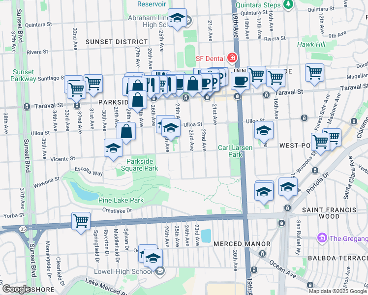 map of restaurants, bars, coffee shops, grocery stores, and more near 2548 24th Avenue in San Francisco