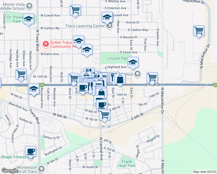 map of restaurants, bars, coffee shops, grocery stores, and more near 47 West 11th Street in Tracy