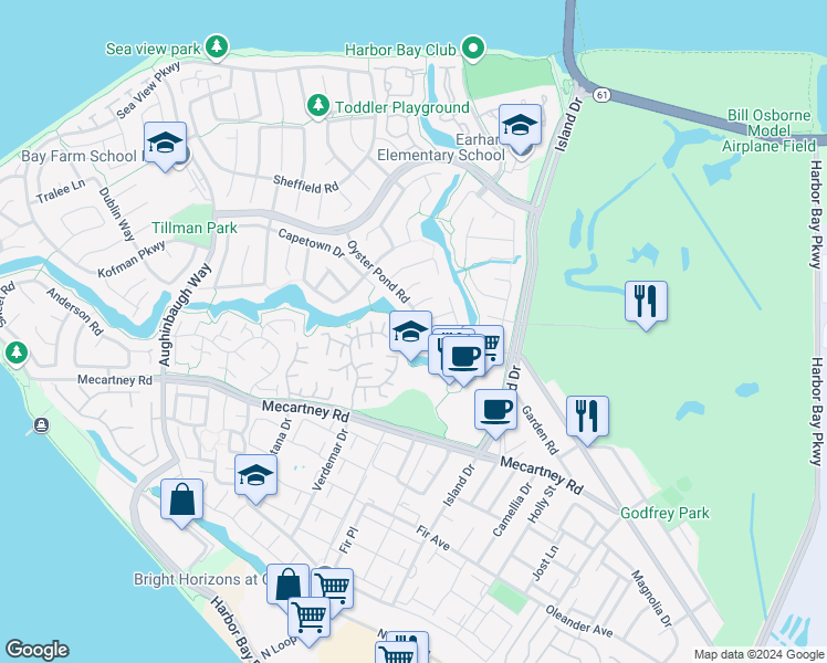 map of restaurants, bars, coffee shops, grocery stores, and more near 207 Oyster Pond Road in Alameda