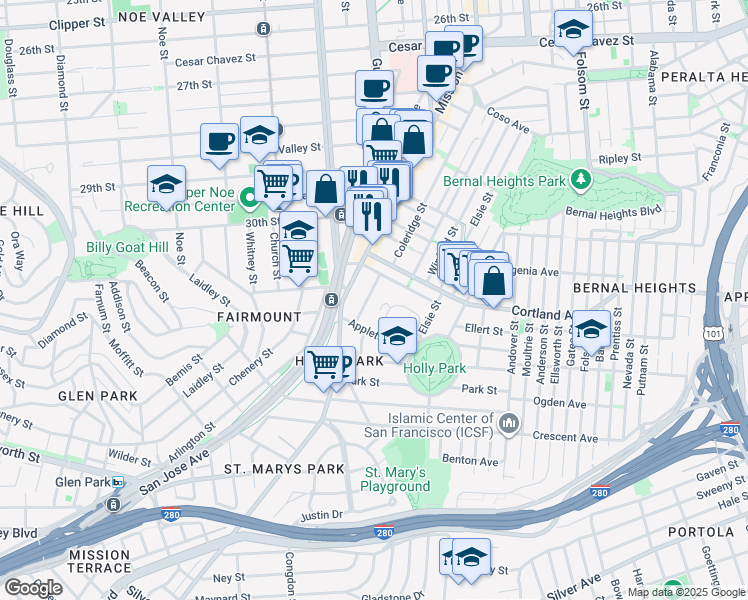 map of restaurants, bars, coffee shops, grocery stores, and more near 11 Gladys Street in San Francisco