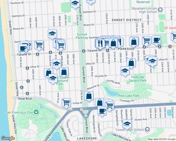 map of restaurants, bars, coffee shops, grocery stores, and more near 2519 35th Avenue in San Francisco