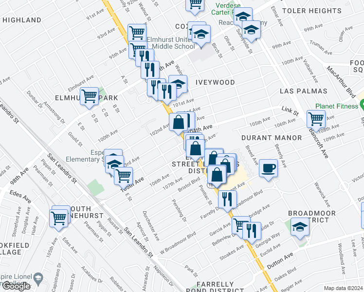 map of restaurants, bars, coffee shops, grocery stores, and more near 1362 104th Avenue in Oakland