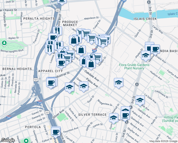 map of restaurants, bars, coffee shops, grocery stores, and more near 2018 Oakdale Avenue in San Francisco