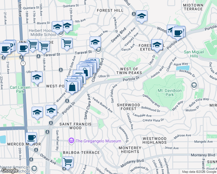 map of restaurants, bars, coffee shops, grocery stores, and more near 2 Santa Paula Avenue in San Francisco