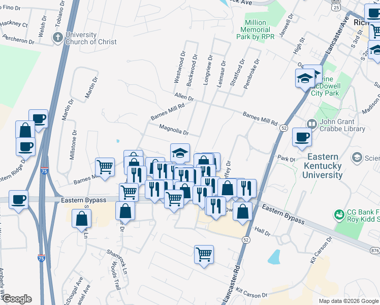 map of restaurants, bars, coffee shops, grocery stores, and more near 124 Meadowlark Drive in Richmond