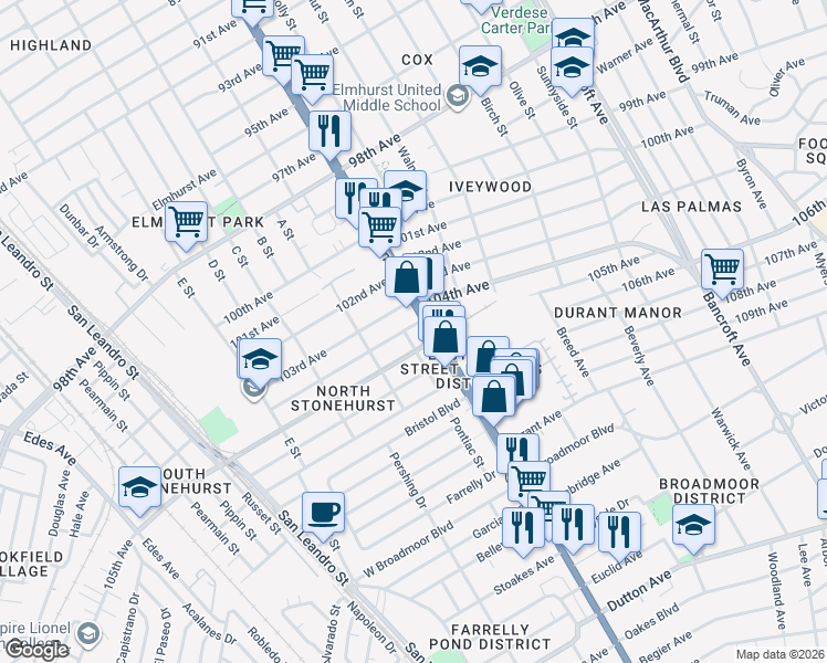 map of restaurants, bars, coffee shops, grocery stores, and more near 1362 104th Avenue in Oakland