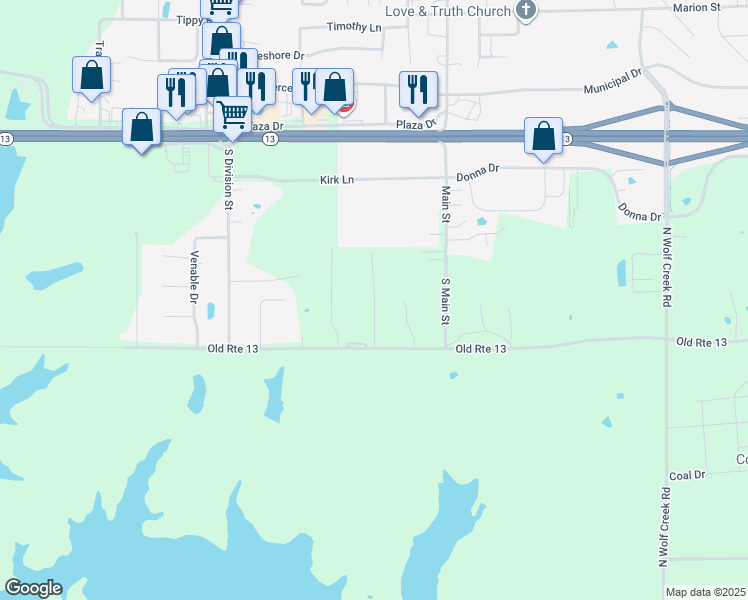 map of restaurants, bars, coffee shops, grocery stores, and more near Shady Drive in Carterville