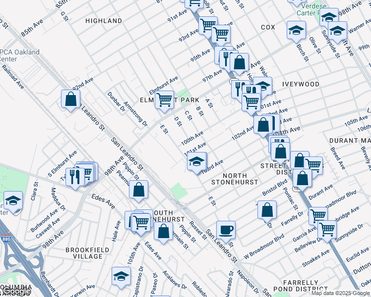 map of restaurants, bars, coffee shops, grocery stores, and more near Chelton Drive in Oakland