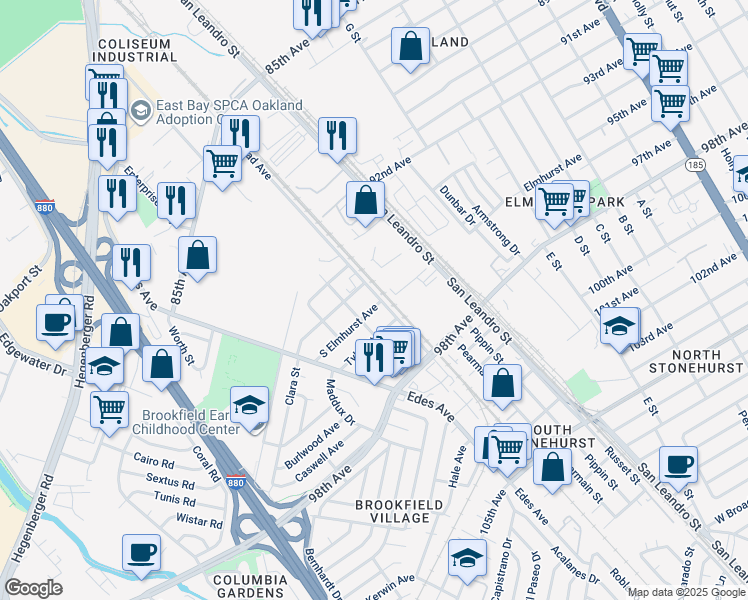 map of restaurants, bars, coffee shops, grocery stores, and more near 5 Railroad Avenue in Oakland