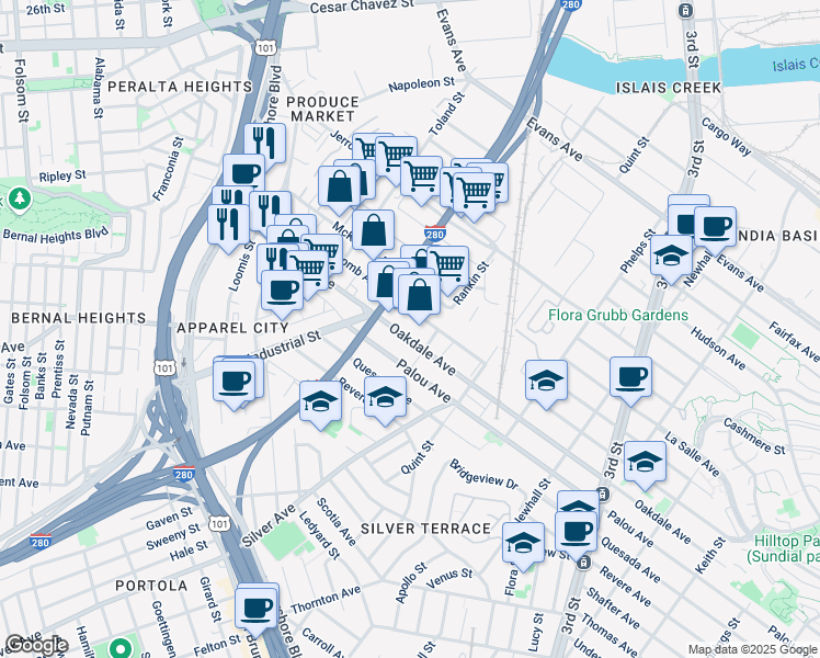 map of restaurants, bars, coffee shops, grocery stores, and more near 2065 Newcomb Avenue in San Francisco