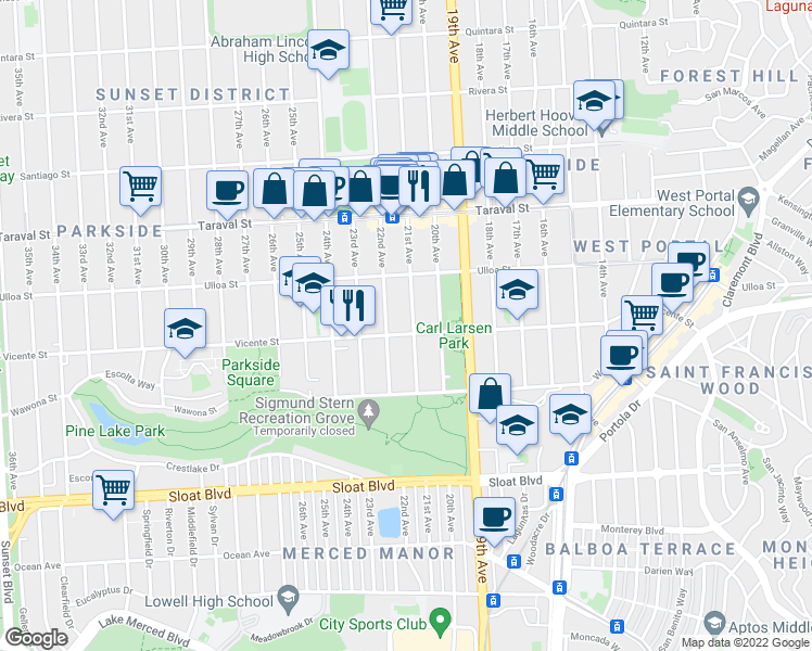 map of restaurants, bars, coffee shops, grocery stores, and more near 2557 21st Avenue in San Francisco