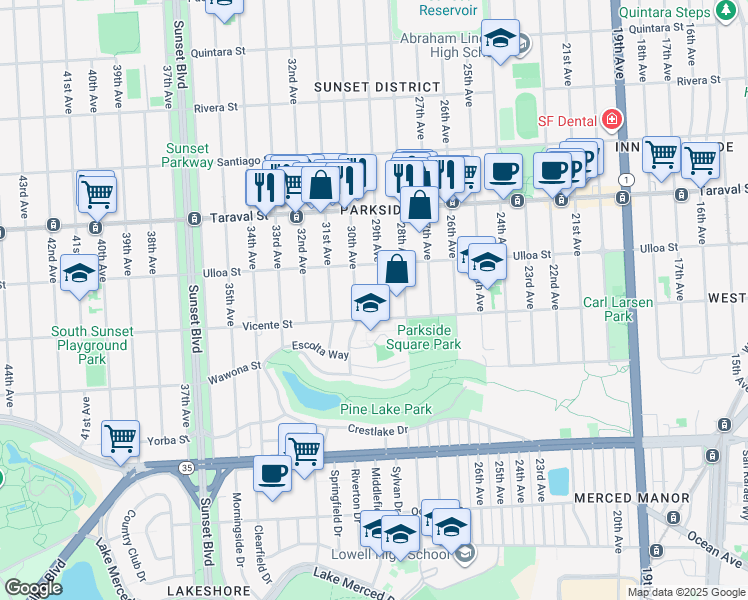 map of restaurants, bars, coffee shops, grocery stores, and more near 2534 30th Avenue in San Francisco