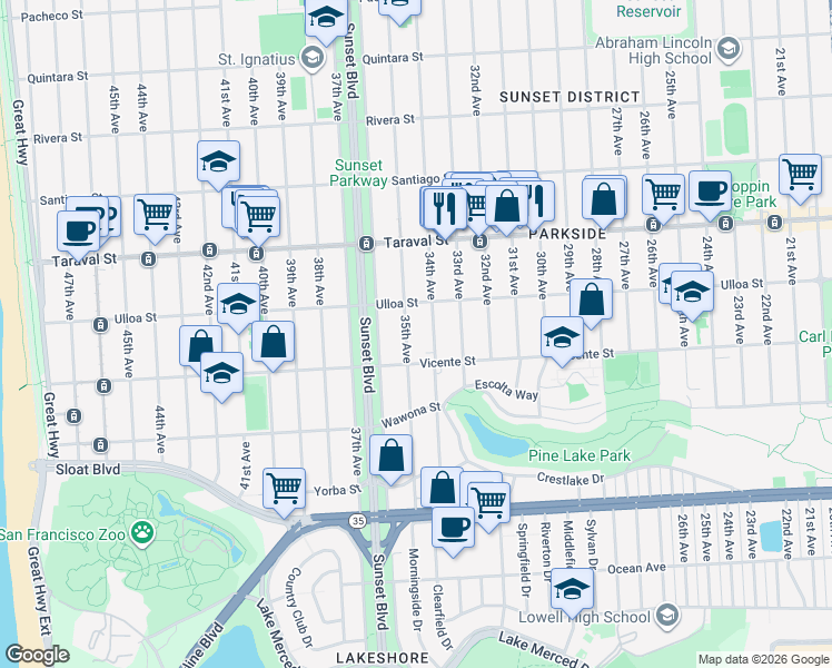map of restaurants, bars, coffee shops, grocery stores, and more near 2519 35th Avenue in San Francisco