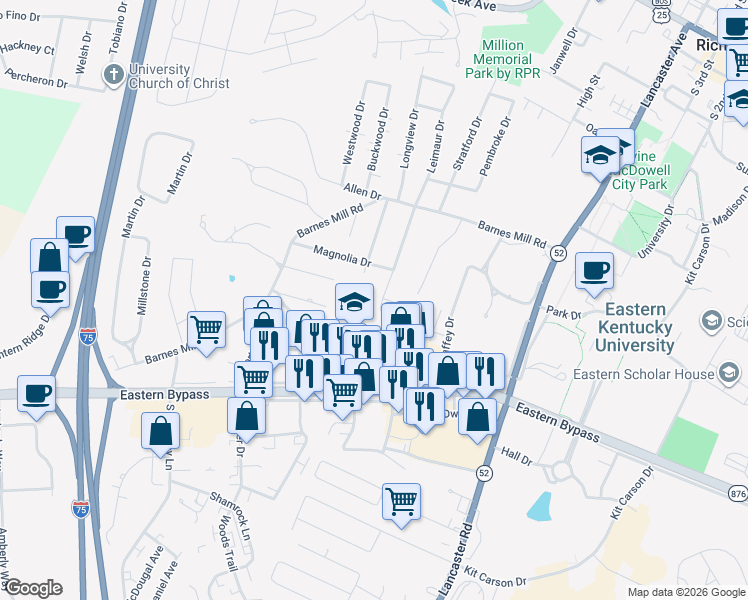 map of restaurants, bars, coffee shops, grocery stores, and more near 124 Meadowlark Drive in Richmond