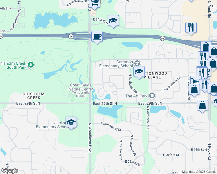map of restaurants, bars, coffee shops, grocery stores, and more near 6515 East 30th Street North in Wichita