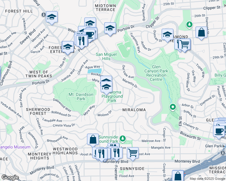 map of restaurants, bars, coffee shops, grocery stores, and more near 506 Rockdale Drive in San Francisco