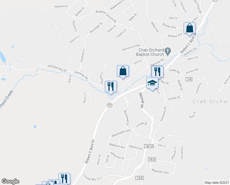 map of restaurants, bars, coffee shops, grocery stores, and more near 1289 Robert C Byrd Drive in Crab Orchard