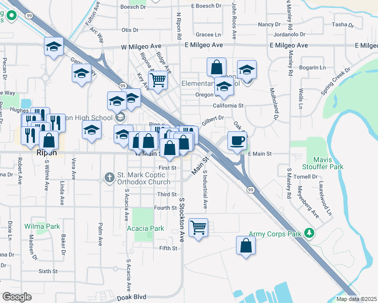 map of restaurants, bars, coffee shops, grocery stores, and more near 150 South Stockton Avenue in Ripon