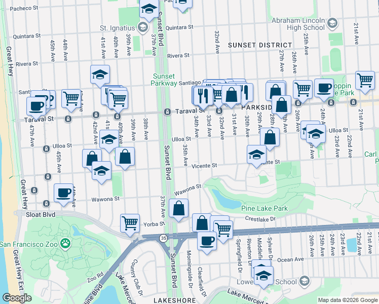 map of restaurants, bars, coffee shops, grocery stores, and more near 2519 35th Avenue in San Francisco