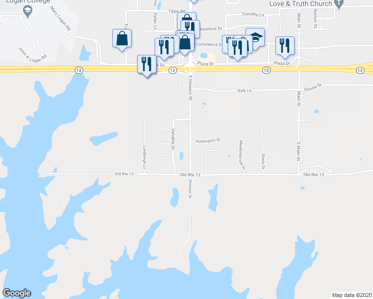 map of restaurants, bars, coffee shops, grocery stores, and more near 1621 South Division Street in Carterville