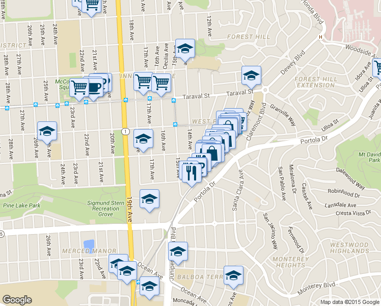 map of restaurants, bars, coffee shops, grocery stores, and more near 14th Ave & Vicente St in San Francisco