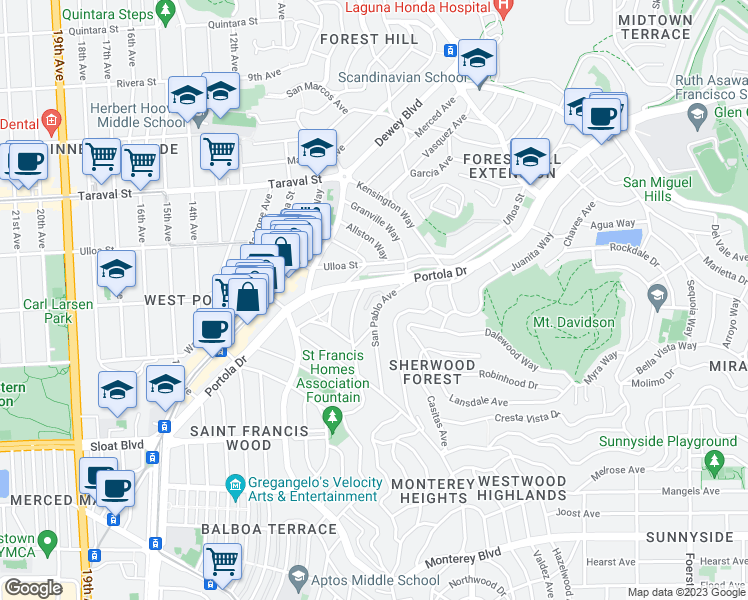 map of restaurants, bars, coffee shops, grocery stores, and more near 38 San Pablo Avenue in San Francisco
