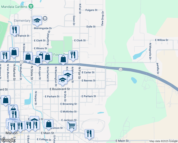 map of restaurants, bars, coffee shops, grocery stores, and more near 1010 East Dickinson Drive in Marion