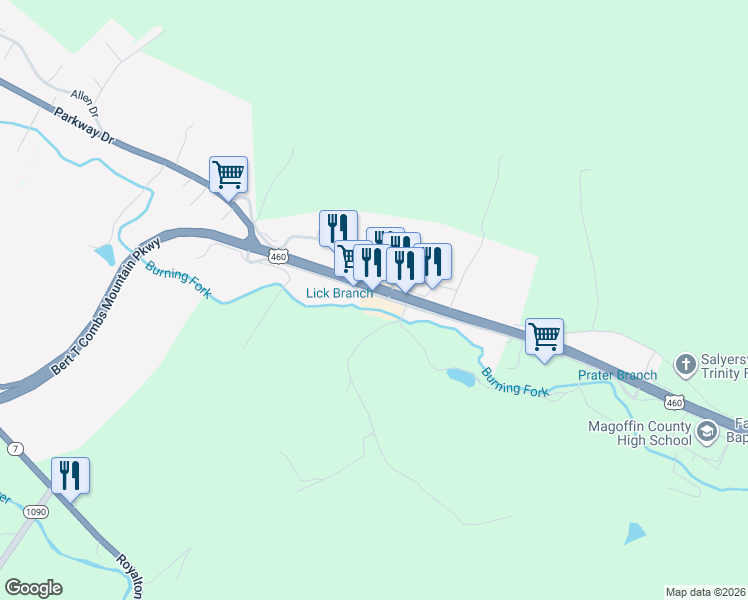 map of restaurants, bars, coffee shops, grocery stores, and more near Mountain Parkway in Salyersville
