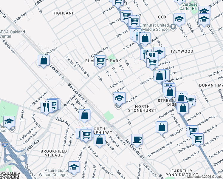 map of restaurants, bars, coffee shops, grocery stores, and more near 1066 100th Avenue in Oakland