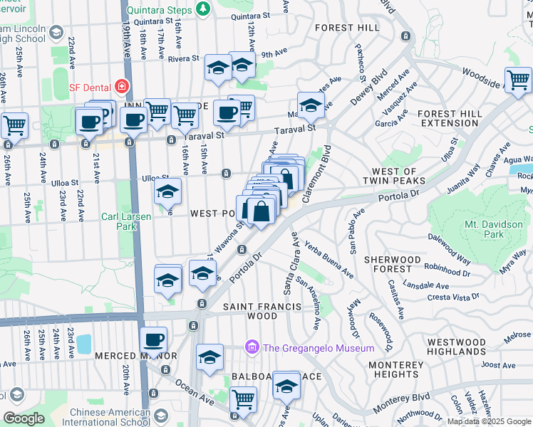 map of restaurants, bars, coffee shops, grocery stores, and more near 111 West Portal Avenue in San Francisco