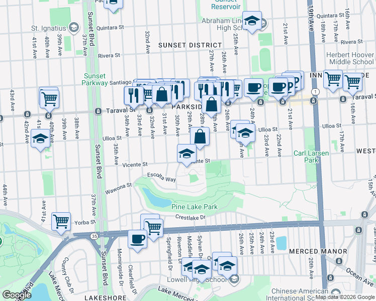 map of restaurants, bars, coffee shops, grocery stores, and more near 2534 30th Avenue in San Francisco