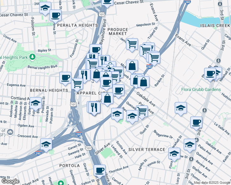 map of restaurants, bars, coffee shops, grocery stores, and more near 6 Dorman Avenue in San Francisco