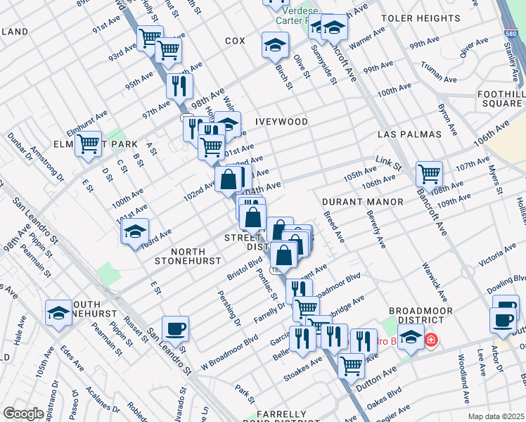 map of restaurants, bars, coffee shops, grocery stores, and more near 1439 105th Avenue in Oakland