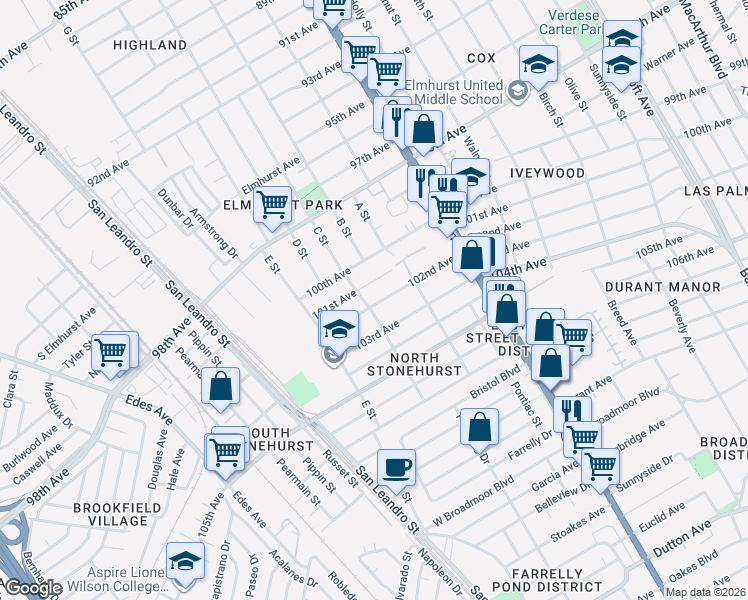 map of restaurants, bars, coffee shops, grocery stores, and more near 1228 101st Avenue in Oakland