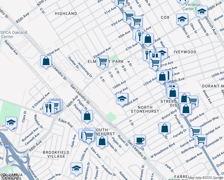 map of restaurants, bars, coffee shops, grocery stores, and more near 1073 100th Avenue in Oakland