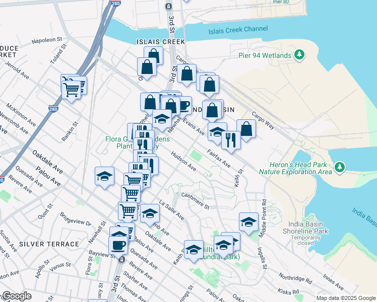 map of restaurants, bars, coffee shops, grocery stores, and more near 1525 Galvez Avenue in San Francisco
