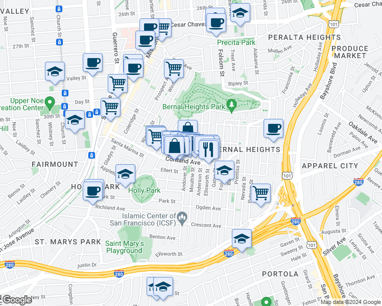 map of restaurants, bars, coffee shops, grocery stores, and more near 228 Andover Street in San Francisco