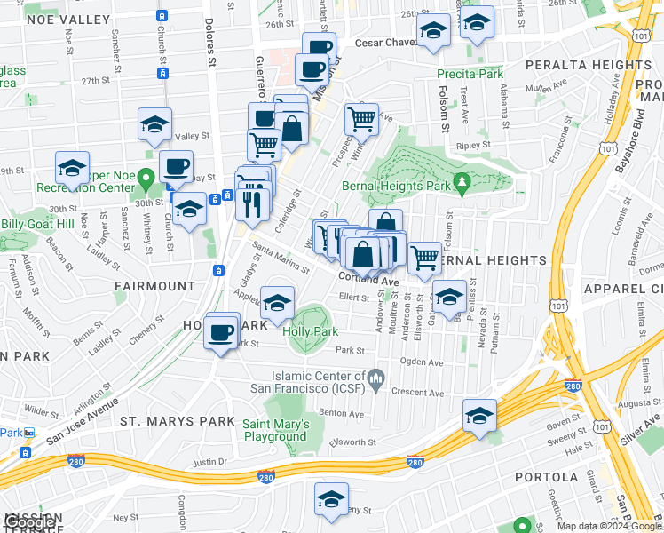 map of restaurants, bars, coffee shops, grocery stores, and more near 201 Cortland Avenue in San Francisco
