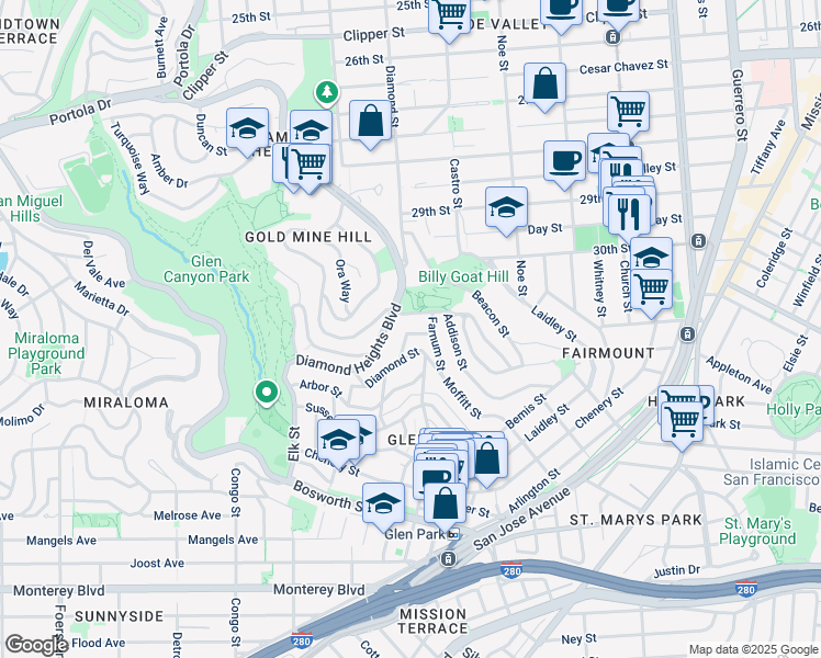 map of restaurants, bars, coffee shops, grocery stores, and more near 8 Farnum Street in San Francisco