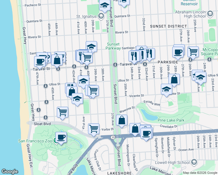 map of restaurants, bars, coffee shops, grocery stores, and more near in San Francisco