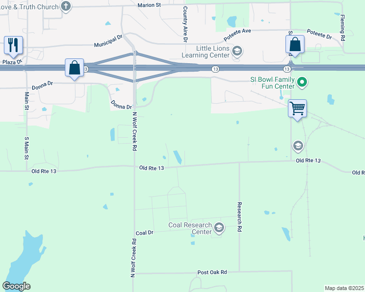 map of restaurants, bars, coffee shops, grocery stores, and more near 5656 Old Route 13 in Carterville