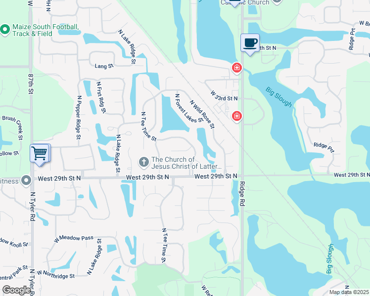 map of restaurants, bars, coffee shops, grocery stores, and more near 7514-7606 W Shadow Lakes St in Wichita