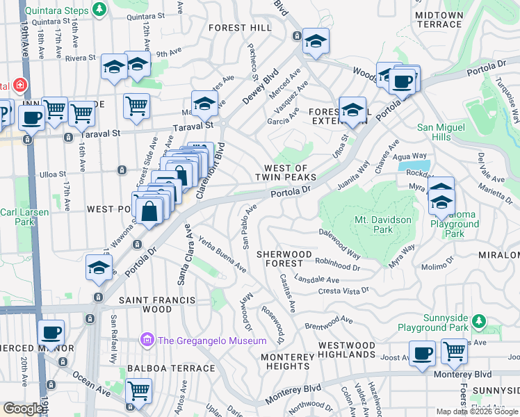map of restaurants, bars, coffee shops, grocery stores, and more near 2 San Pablo Avenue in San Francisco