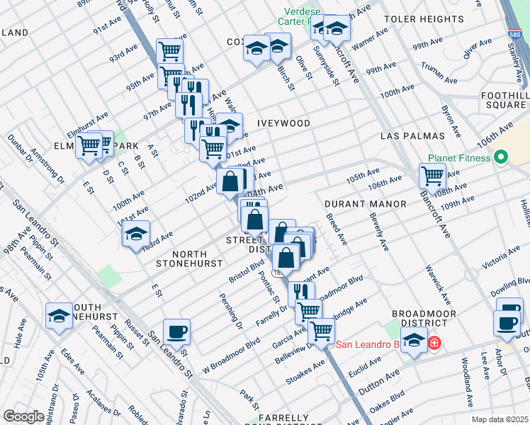 map of restaurants, bars, coffee shops, grocery stores, and more near 1428 105th Avenue in Oakland